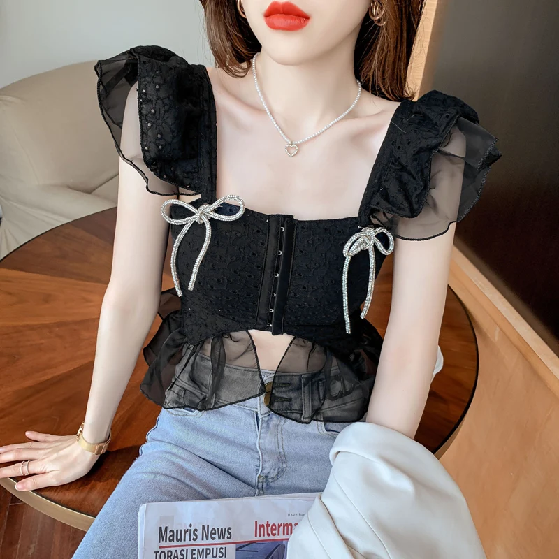 

Summer New French Women Camis Lace Edible Tree Fungus Edge Square Collar Female Tanks Slimming Solid Tank Top Women