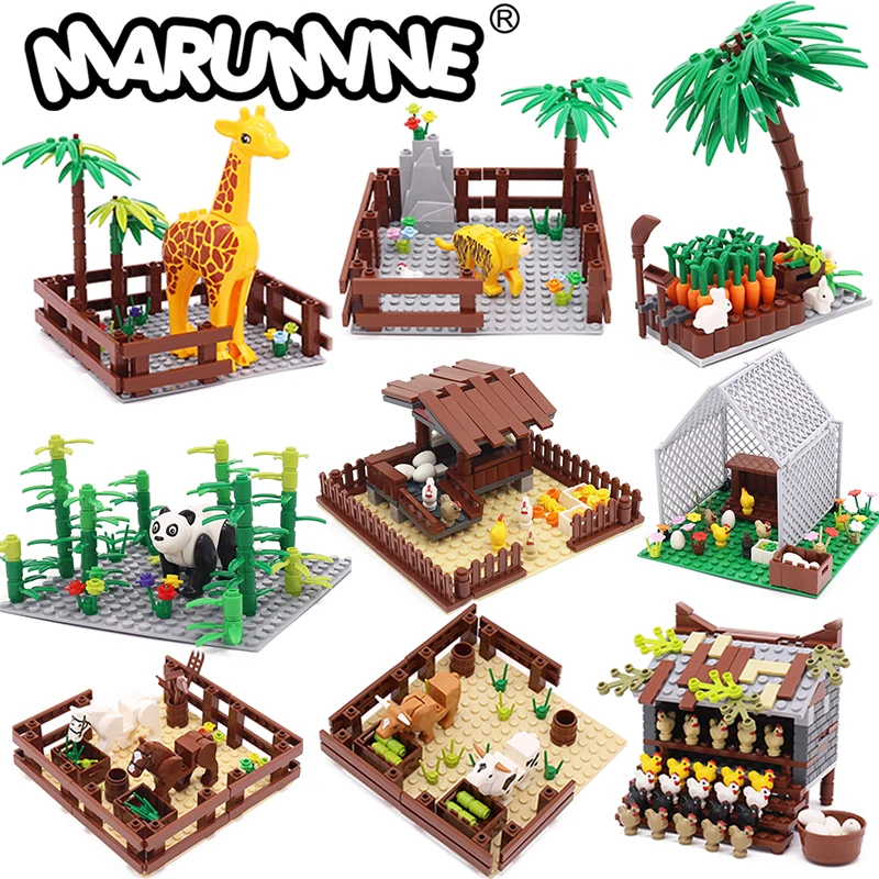 

Marumine MOC Animal Brick Model City Set Zoo Vegetable Orchard Build Block Tiger Giraffe Creative Parts Ranches DIY Accessories