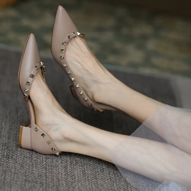Shoes For Woman Designer Rivets Pumps Brand High Heels Shoes 2023 Comfortable Chunky Heel 3cm Elegant Office Shoes 33-41With Box