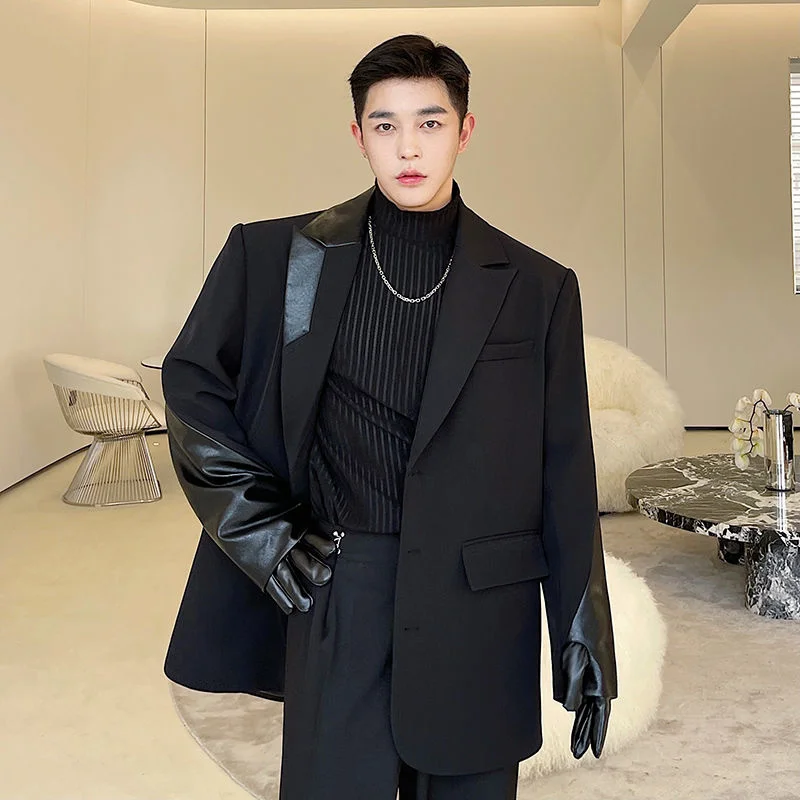 

Spliced Korean Menswear Leather Finger Design Long Sleeve Blazer Loose Notched Suit Jacket Autumn Winter Fashion 2023 New