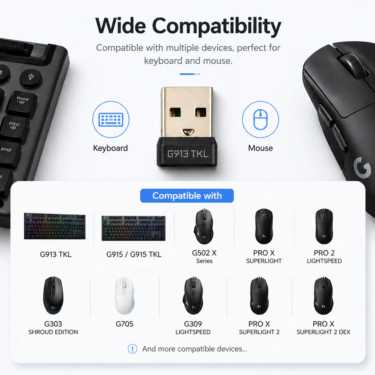 Фото Сменный USB-приемник, беспроводной адаптер 2,4 ГГц для клавиатуры и мыши, совместимый с Logitech G913/G915 TKL/G502/PRO X SUPERLIGHT №5
