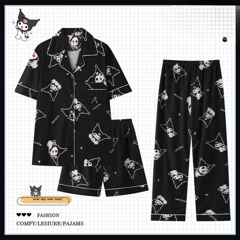 Sanrio Kuromi шелковые пижамы женские летние хлопковые с короткими рукавами