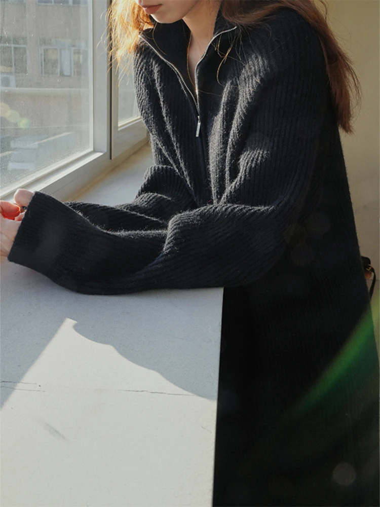 

Women Sweater 2023 New Autumn Winter Lazy Casual Over Knee Mid Length Lapel Loose Underlay Knitted Woolen Dress Women's Clothing