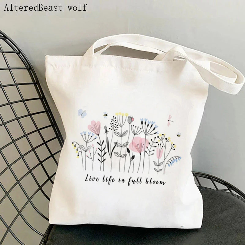 

Women Shopper bag Live Life In Full Bloom Wildflowers Bag Harajuku Shopping Canvas Shopper Bag girl handbag Shoulder Lady Bag
