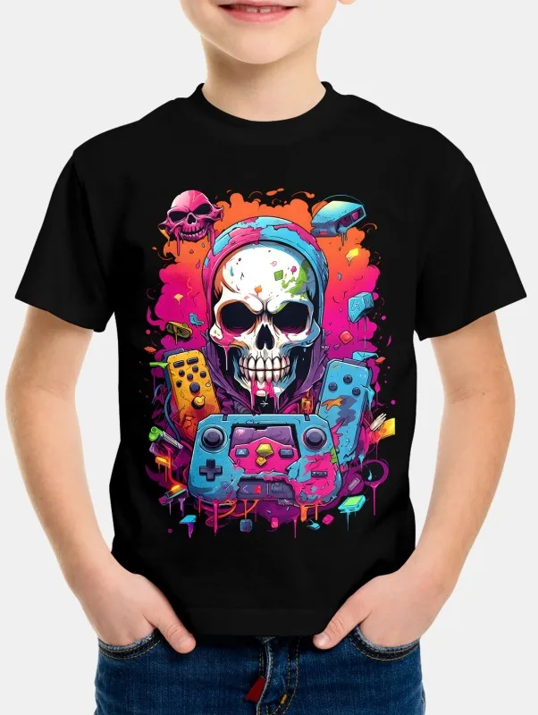 łniana koszulka piłkarska z nadrukiem 3D dla chłopców Letnia mikrofibry wzorem czaszki Casualowa odzież uliczna ...