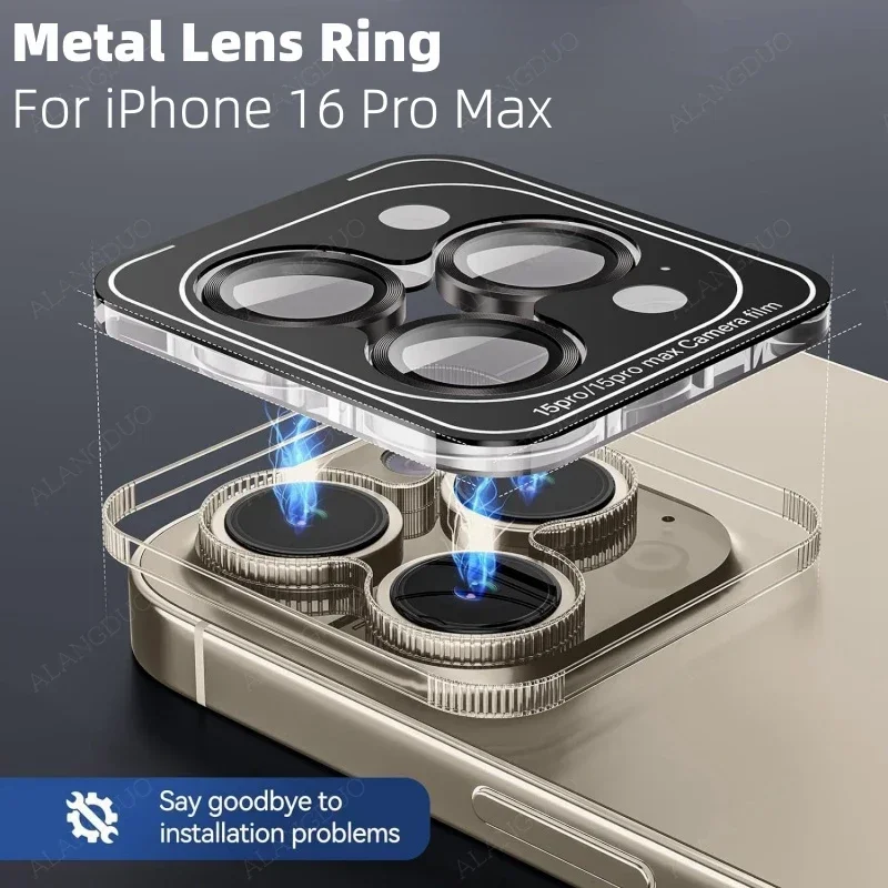 Фото Металлическая защита объектива для IPhone 16 Pro Max 15 Pro с локатором объектива, простая установка для IPhone 15 16 Pro Max, крышка объектива камеры №2