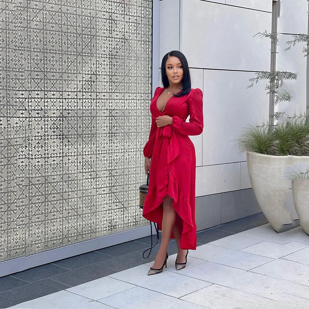 

Mandylandy Summer Party Dress Women Long Sleeve 2022 Sexy Temperament Dress Deep V Waist Irregular Solid Color Midi Dress
