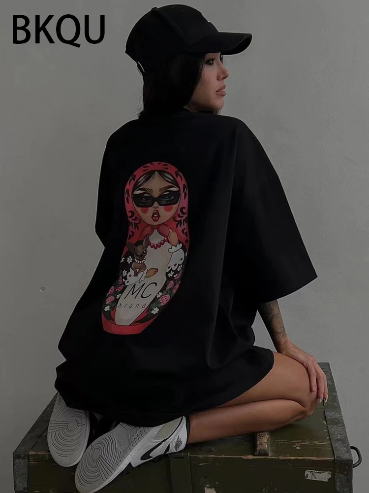 BKQU свободные футболки с буквенным принтом для женщин 2024 женские пуловеры