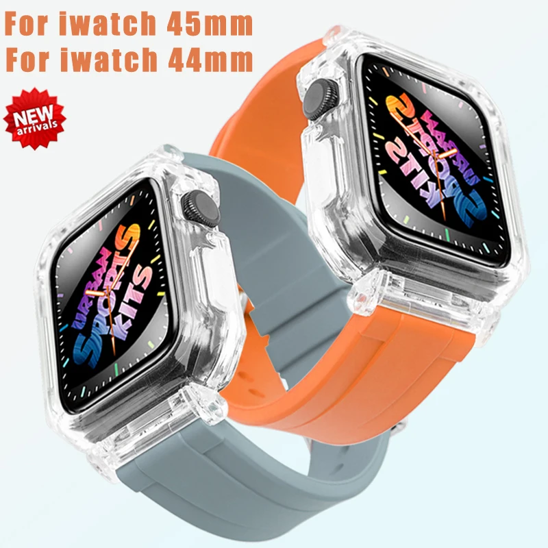 

Прозрачный чехол, роскошный модифицированный комплект для Apple Watch 8 7 45 мм, спортивный фторруглеродный браслет для IWatch Series 6 SE 5 4 44 мм