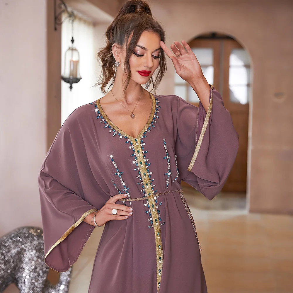 

New Muslim Modest Dress for Women Hand-sewn Drill Dubai Abaya Long Sleeve Middle East Moroccan Kaftan Woman Islamic Clothing