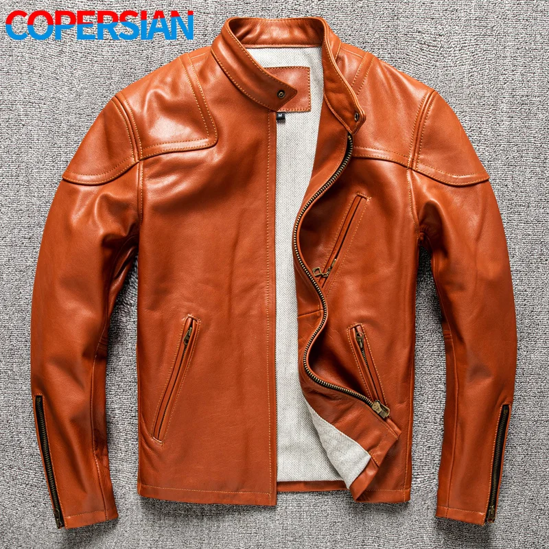 

2023 Spring Men's Retro Motorcycle Leather Jacket Stand Collar Slim Leather Jacket 5XL Orange Red