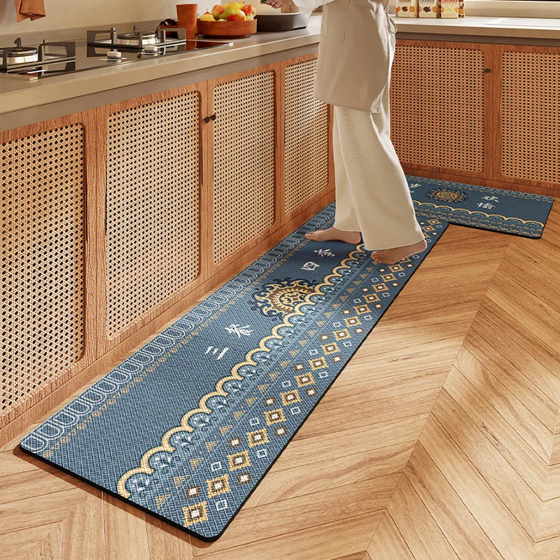 

Chinese Retro Kitchen Floor Mat Waterproof and Oil-proof Kitchen Long Floor Mat PU Leather Kitchen Floor Wear-resistant Non-slip