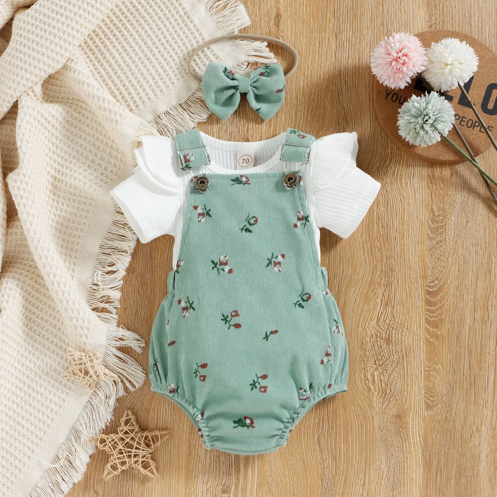

New Born Baby Clothes Set Infant Girl Outfits Toddler Solid Ruffle T-shirt + Floral Suspender Shorts 2pcs Sets Children Clothing