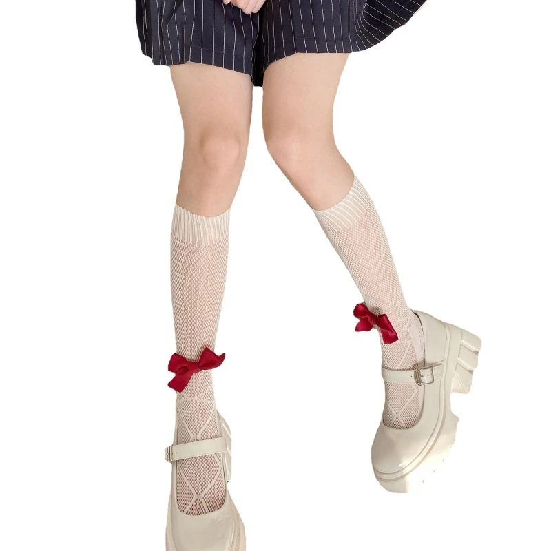 

Women Mesh Long Calf Socks Dots Lace-Up Pattern Bowknot Fishnet Stockings 37JB
