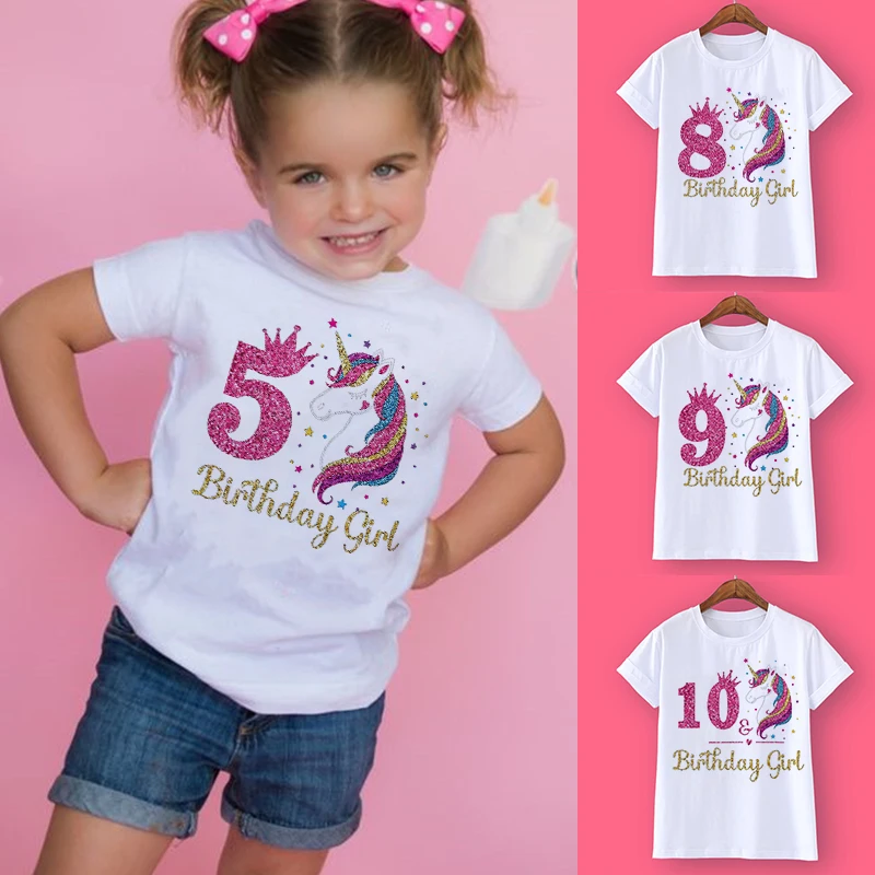 Unicorn 1-12 Birthday Print T-Shirt  Wild Boys Tee Girls Party Clothes Theme Kids Gifts Fashion Tops，Drop Ship