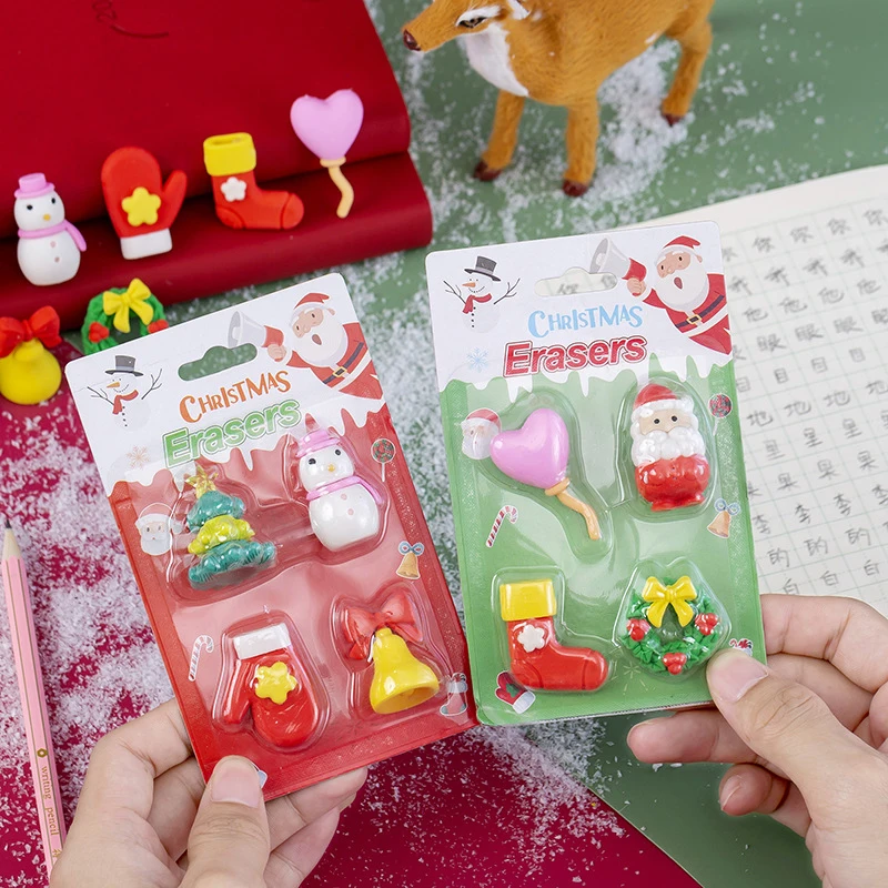 

4pcsChristmas Card Set Eraser Set Student Christmas Gifts Awards Stationery