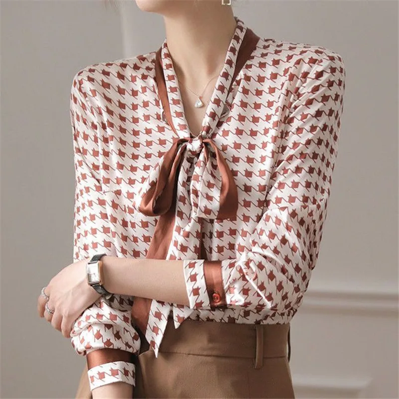 

Houndstooth Print Fashion Elegant Chic Bow Office Lady Shirt Spring Autumn Long Sleeve Simple Blouse Top Women's Clothing Blusas