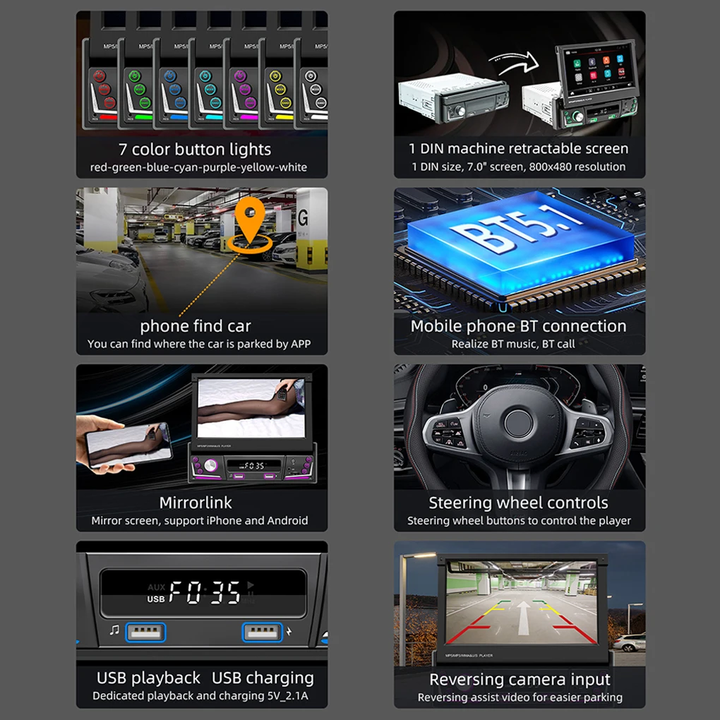 

Single Din Car MP5 Touch Screen Bluetooth-compatible 5.1 Steering Wheel Control Resettable Automotive Radio Music Player