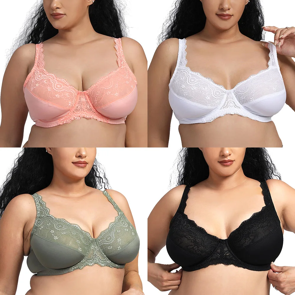 New Sexy Women Lace Bra Soft Plus Size Floral Non-padded Full Coverage Underwire Gather Lingerie BH Tops B C D DD E Cup