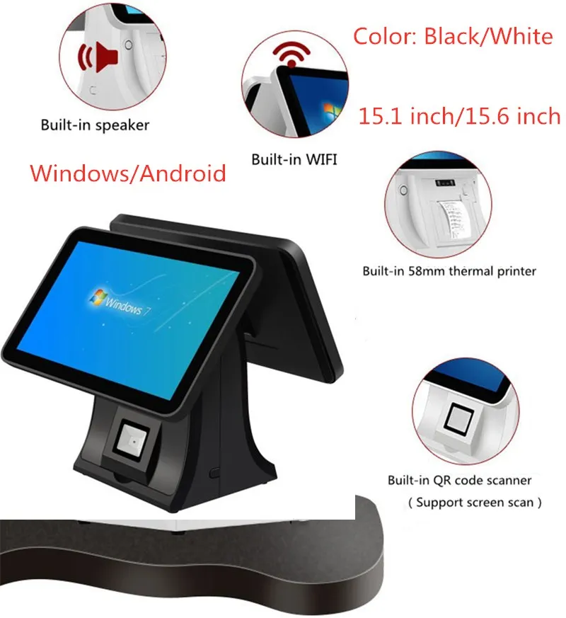 

POS System Terminal Machine 15.6 Touch Panel LCD Monitor Screen with Small Customer Display Built-in with 58mm printer scanner