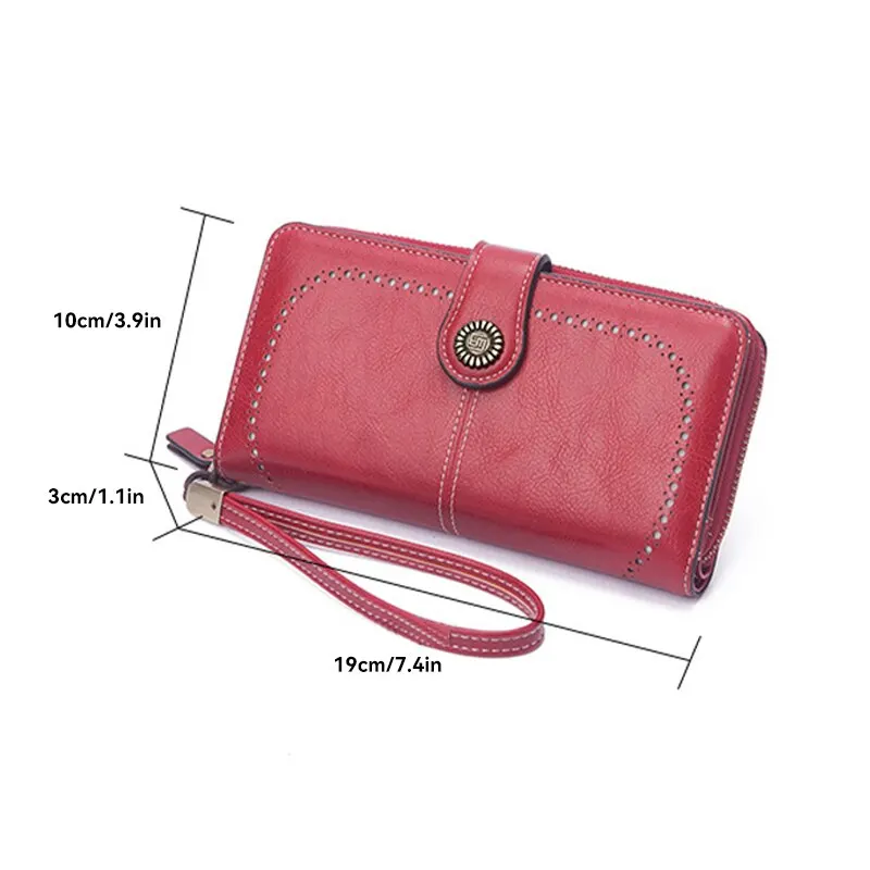 2023 Woman's Long Purse New Vintage Oil Wax Leather Hollow Wallet Large Capacity Mobile Phone Bag Female Wallet
