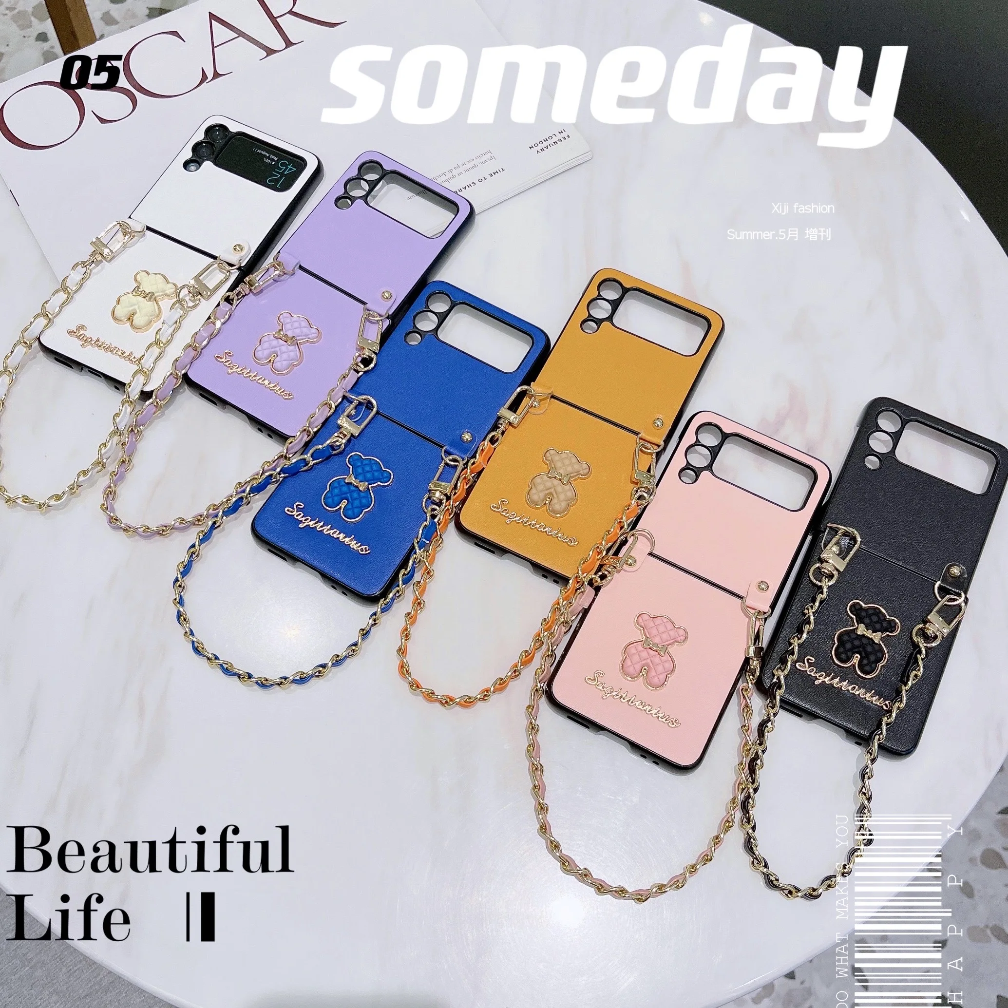 

Luxury Leather Strap Lanyard Samsung Z Flip 3 Phone Case ZFlip4 Cartoon Cute Bear Z Flip3 5g Shockproof Flip4 Back Case Cover