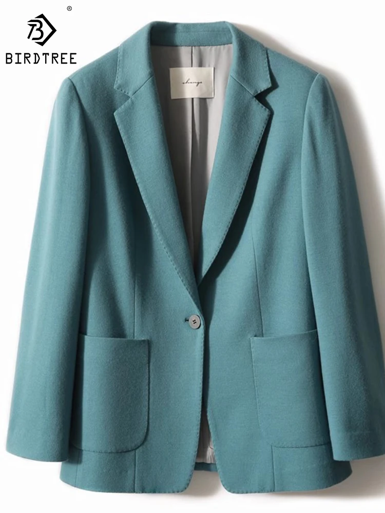 

Birdtree 100% Wool Blazer Temperament Commuting Retro Versatility Solid Color Urban Style Exquisite Slim Coat Women C30386QD