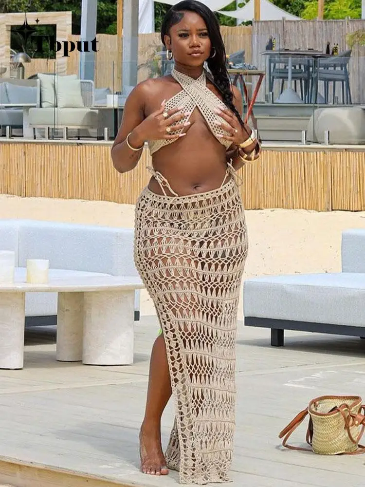 

Сексуальные Прозрачные Пляжные наряды с вырезами, женские бюстгальтеры на бретелях, топы, юбка с высокой талией и разрезом, подходящие комплекты, женские шикарные деловые костюмы