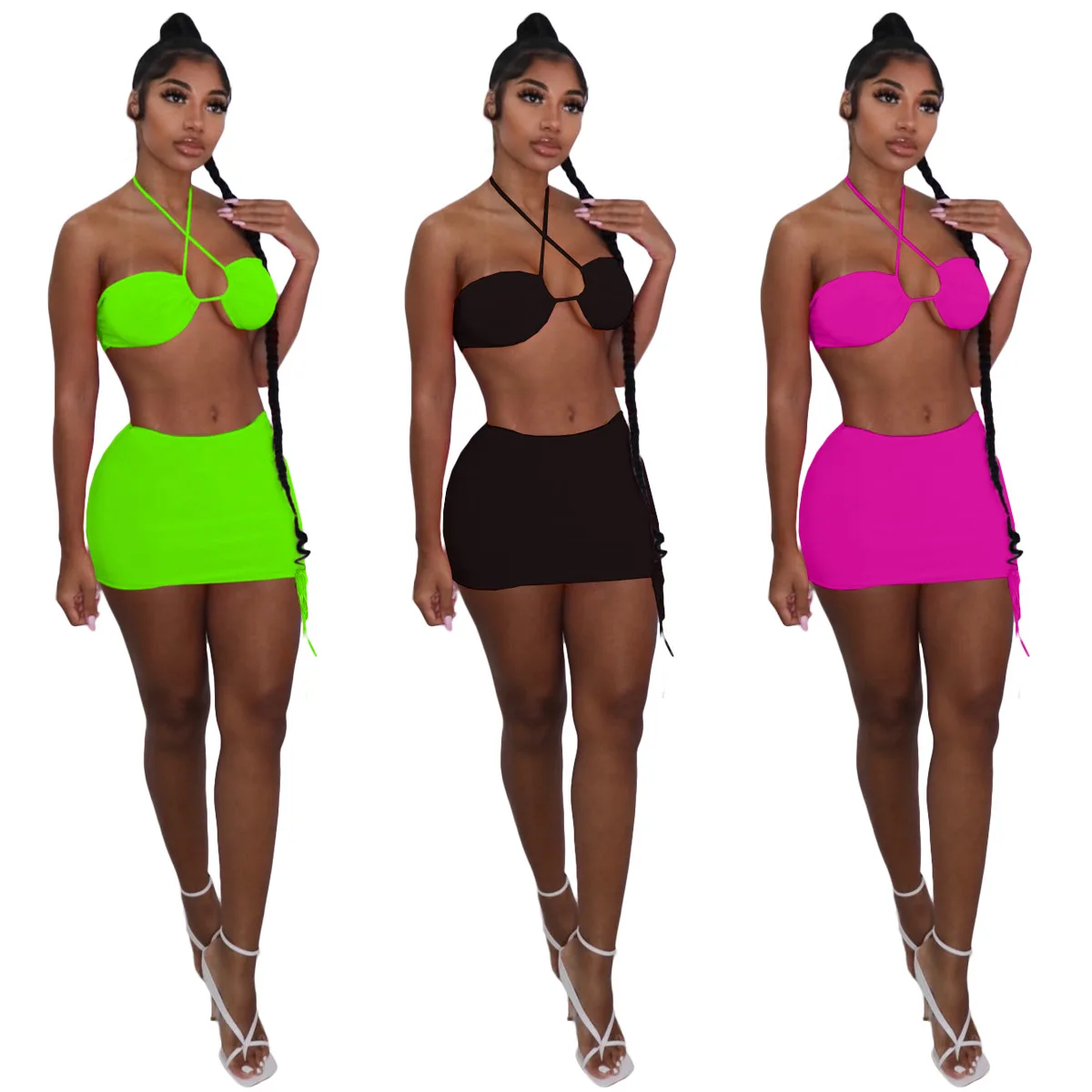 

Ruched Skirts Summer Vacation Outfit No PantiesBandage Halter Print Two Piece Set Women Backless Sexy Hot Tops+Drawstring