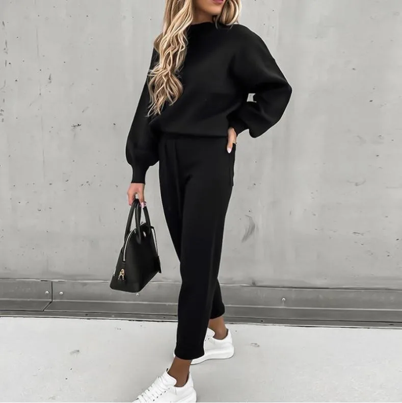 

2023 Autumn and Winter New High-necked Long-sleeved Sweater Women's Pocket Trousers Casual Solid Color Two-piece Suit