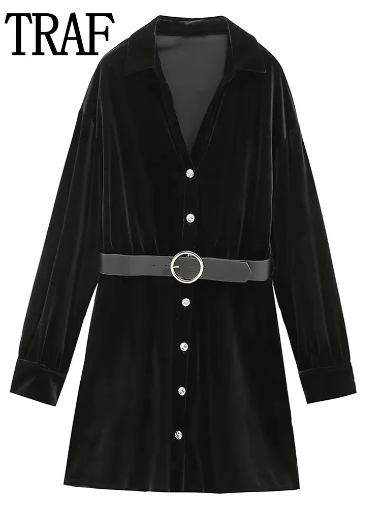 

TRAF Vintage Velvet Dress Woman Black Shirt Dress Women Long Sleeve Short Dresses Autumn Winter 2023 Elegant Women's Dresses