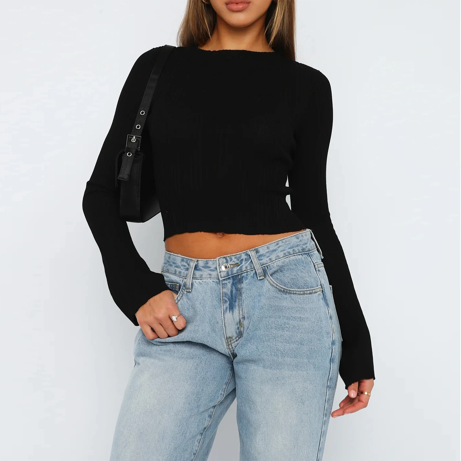 

Женский топ с открытым пупком, Женский плиссированный топ с круглым вырезом, однотонный облегающий трикотажный уличный наряд в рубчик