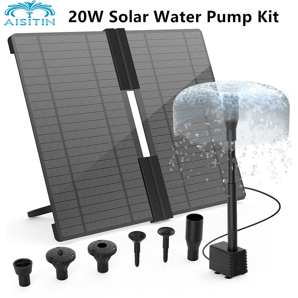 AISITIN 20W Solar Water Pump Kit, Solar Powered Water Fountain Pump with 6 Nozzles, Water Feature Outdoor Fountain for Bird Bath