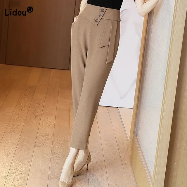 Women's Clothing Button Spliced Casual Commuter Straight Pants Autumn Office Lady Solid Color High Waist All-match Cropped Pants 1