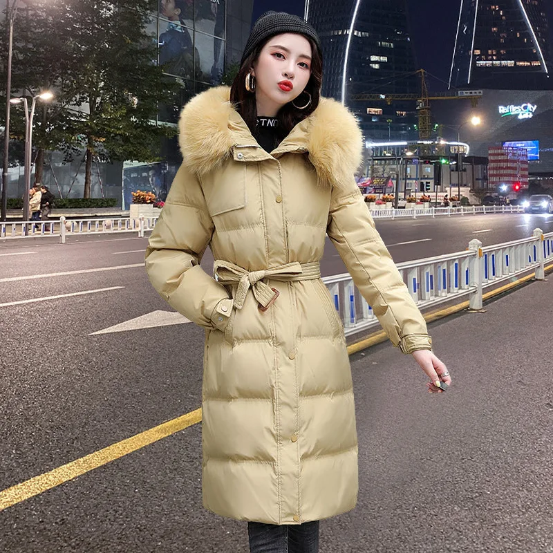 Autumn Winter Jacket Women 2022 Korean Fashion Tops Hooded Fur Collar Down Cotton Coats Famale Clothing Belt Long Padded Parkas