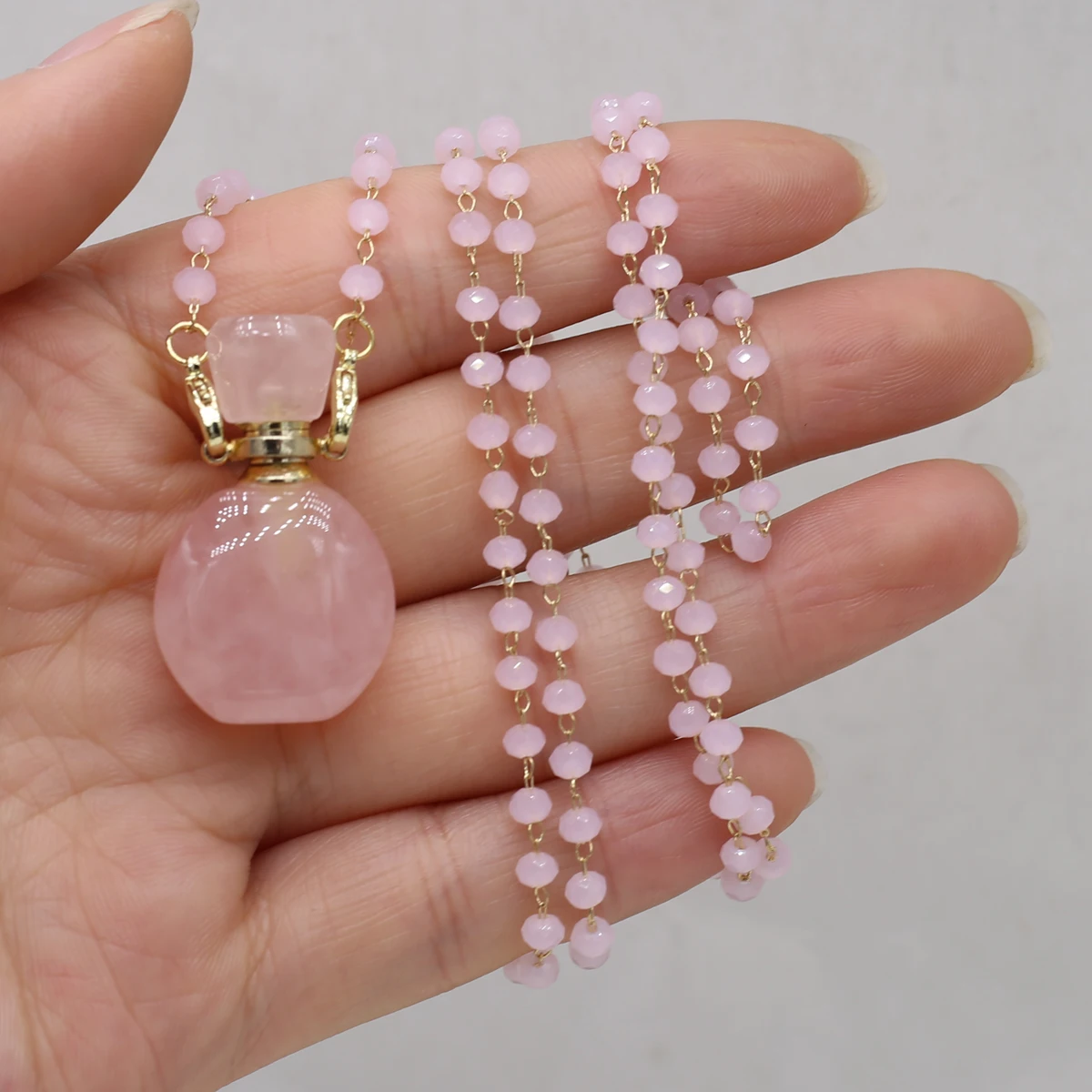 

Natural Stones Rose Quartz Perfume Bottle Pendant Pink Crystals Chain Necklaces for Women Essential Oil Diffuser Jewelry Gifts