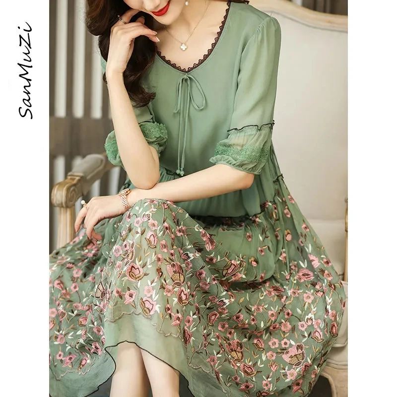 2022 Summer Dress Mother Heavy Embroidered Flower High-End Dress Female Spring High-End Imitation Mulberry Silk Floral Dress