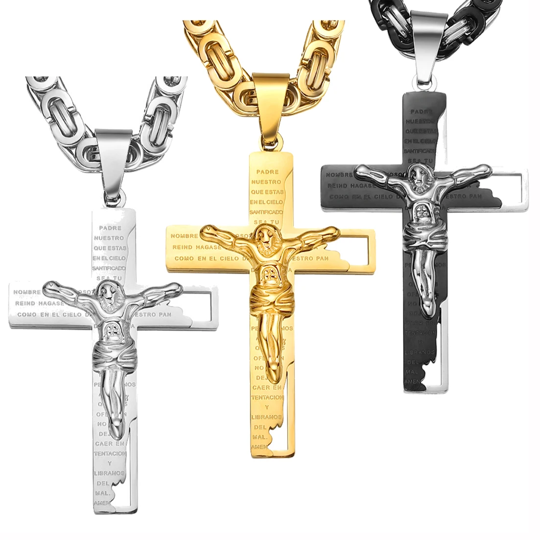 

Fashion Spanish Cross Christ Jesus Pendant Necklace 6mm Stainless Steel Link Byzantine Chain Heavy Women Men Jewelry Gift