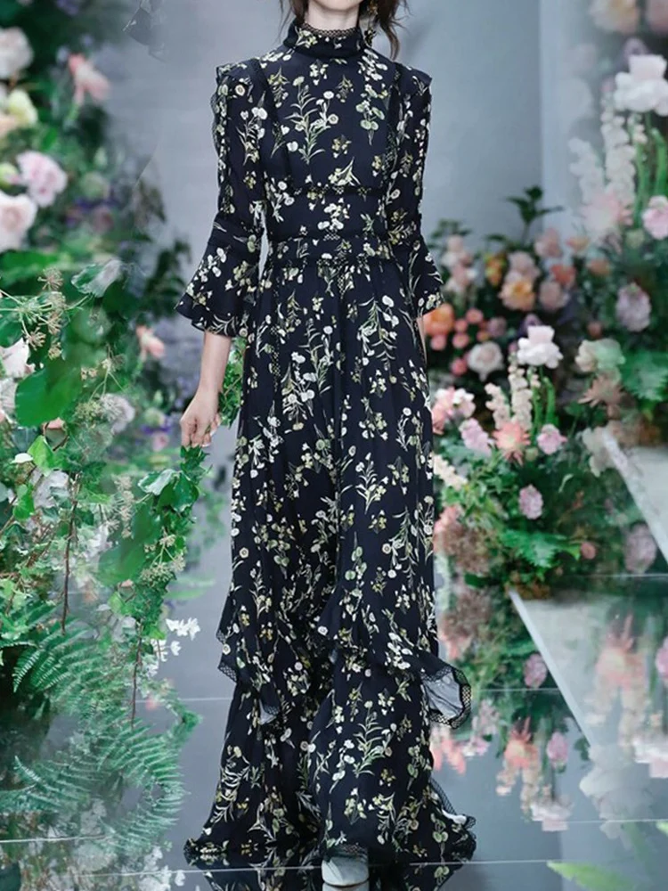 

Spring Autumn New High Quality Designer Women's Vacation Vintage Fashion Celebrity Casual Party Elegant Print Fashion Long Dress