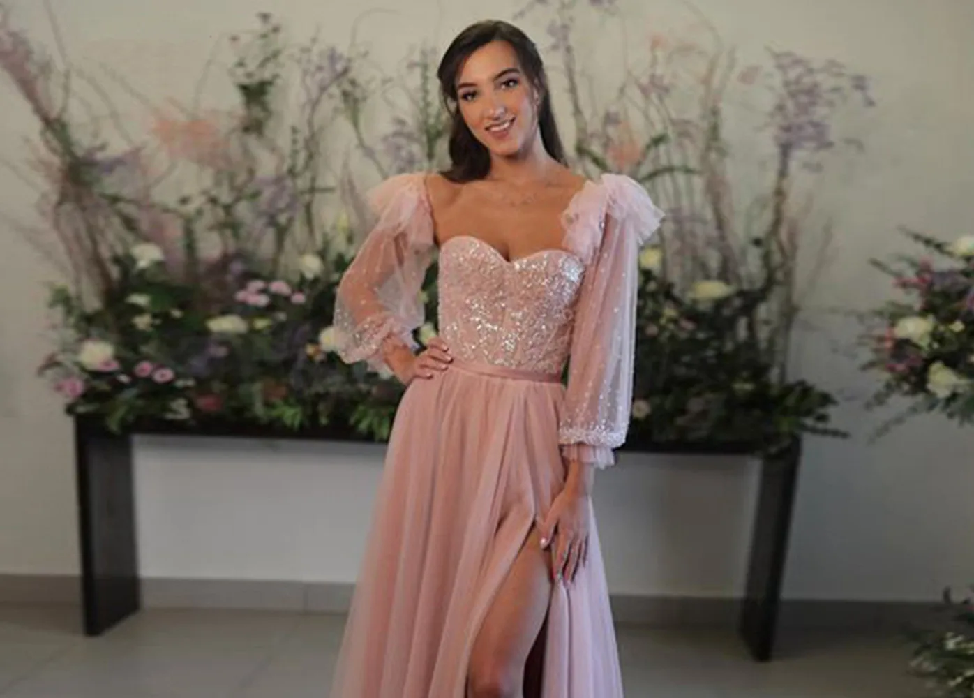 

2022 Plus Size Long Sleeves Tulle Sequins Vestidos De Fiesta Sexy Side Split Prom Party Evening Dresses Robe De