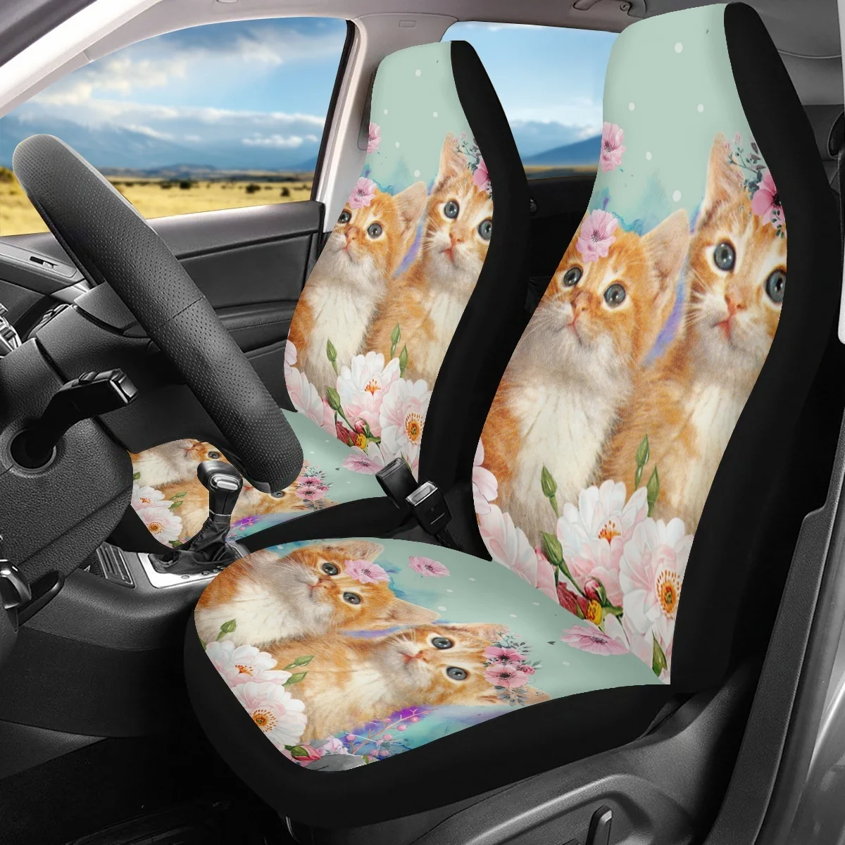 Cute Tabby Cat 3D Design Car Seat Covers Fit Most Vehicle Set of 2 Non-skid Elastic Universal Car Front Seat Covers Accessories