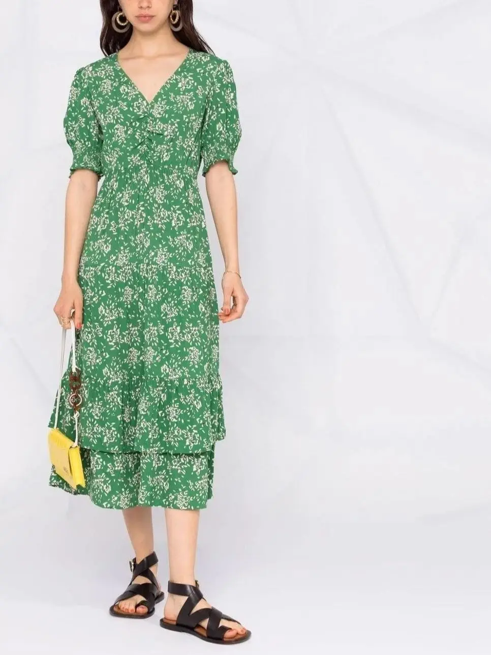 

Женское плиссированное платье средней длины, зеленое платье из 100% вискозы с многослойными оборками, коротким рукавом-фонариком и V-образным...