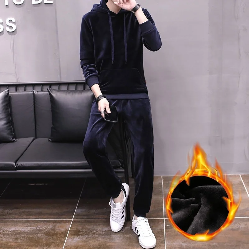 Winter Mens Fleece Lining Joggers Sweatshirt Set Casual Hoodies Tracksuit Velvet Couple Two Pieces Long Pants Sets Big Size 3XL