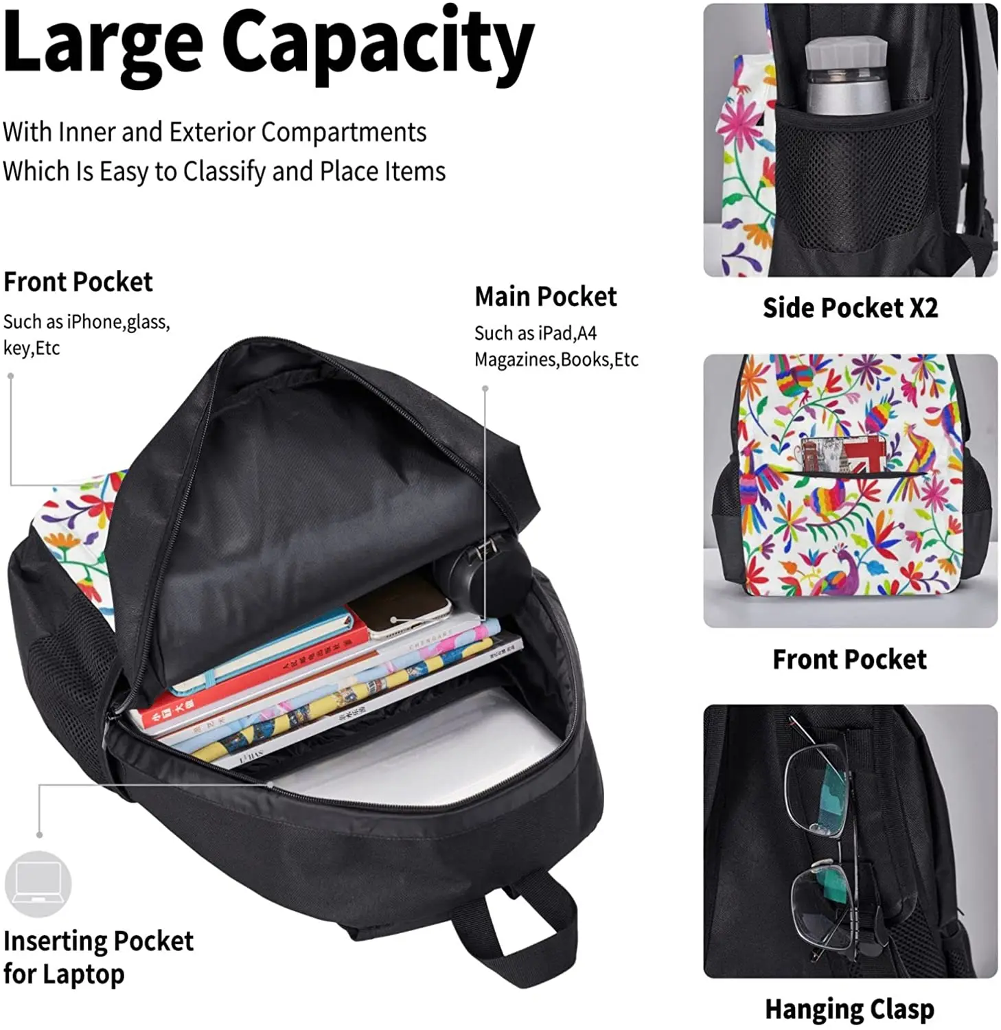 Mexican Art Painting Schoolbag Travel Bag Casual Daypack Lunch Bag Pencil Case for Boys Teens Girls 3pcs Sets