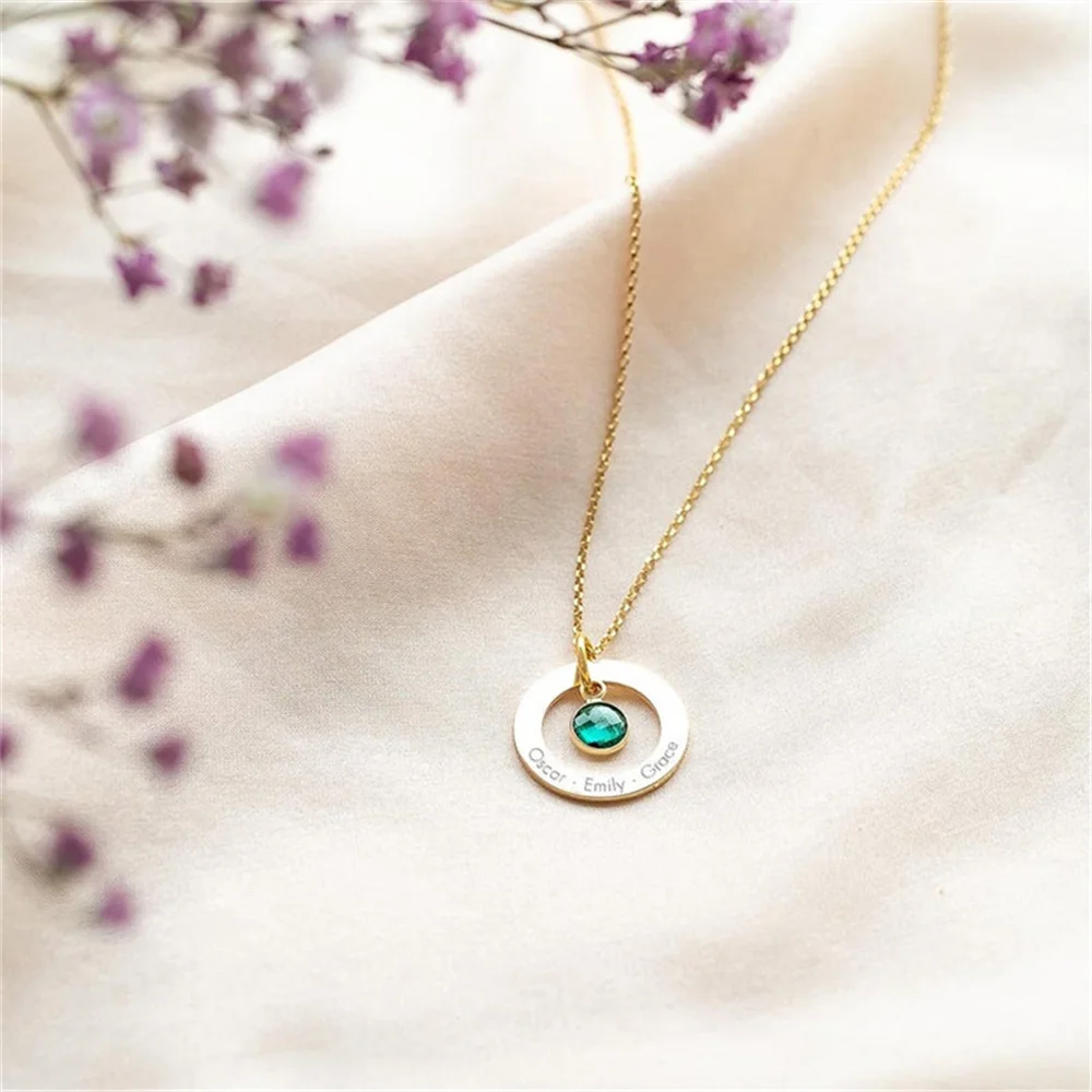 Fashion Women's Necklace Timeless Ring And Birthstone Personalized Name Necklace Stainless Steel Personalized Carved Gift