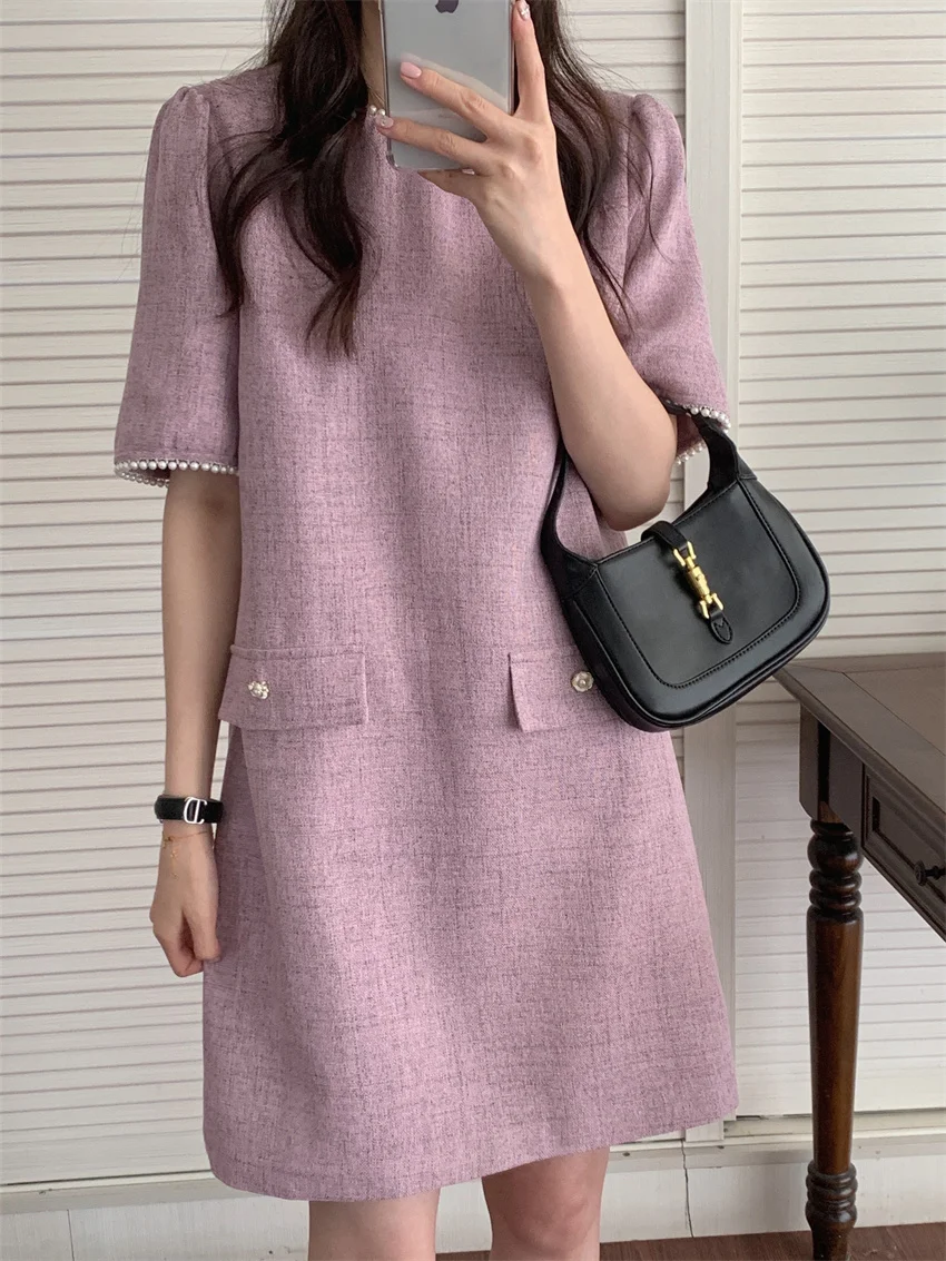

Office Wear Straight Mini Dress Women Vintage Fashion 2022 Elegant Summer OL Slim All Match Short Sleeve Chic Lady