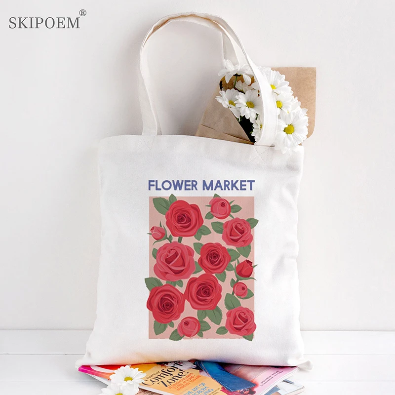 

Shoppers Bag Beach Tote Shoulder Bags White Messenger Handbags Female Flower Market Harajuku Cute Aesthetic Cartoon School Bag