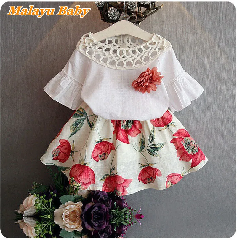 

MALAYU BABY Toddler Girls Costume Set 2022 Summer New Fashion Cutout Ruffle Sleeve Top/Flower Skirt 2 Pcs 2-7 Y Child Clothing