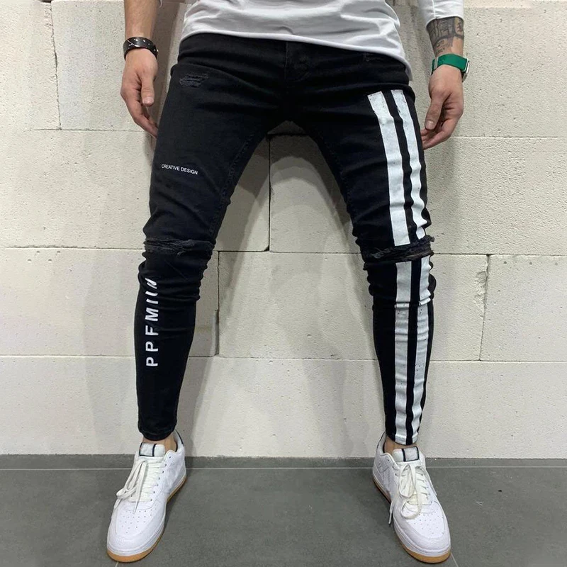 New Fashion Skinny Ripped Jeans for Men Striped Printed Casual Pants Streetwear Jean Homme Denim Toursers Slim Jeans Men Black