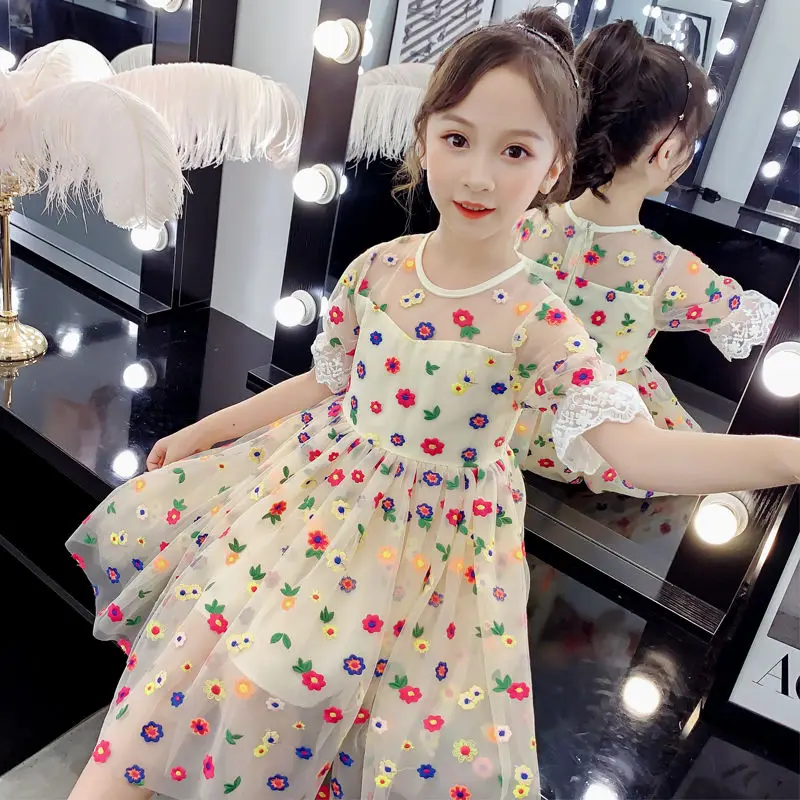 

2022 Summer Baby Girls Party Dresses New Fashion Kids Short Sleeve Flower Children Princess Girls Fashion Dress Vestidos E20